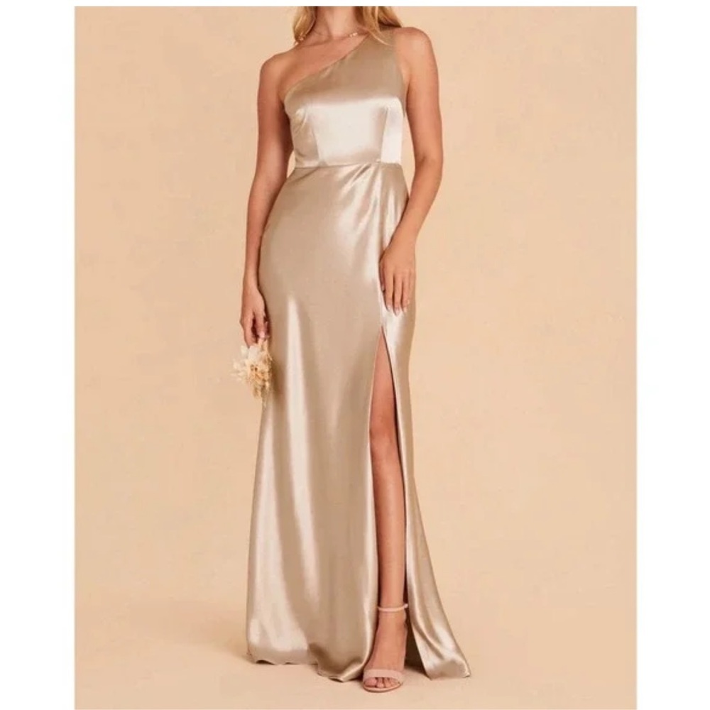 Birdy Grey One-Shoulder Satin Gown in Champagne Gold